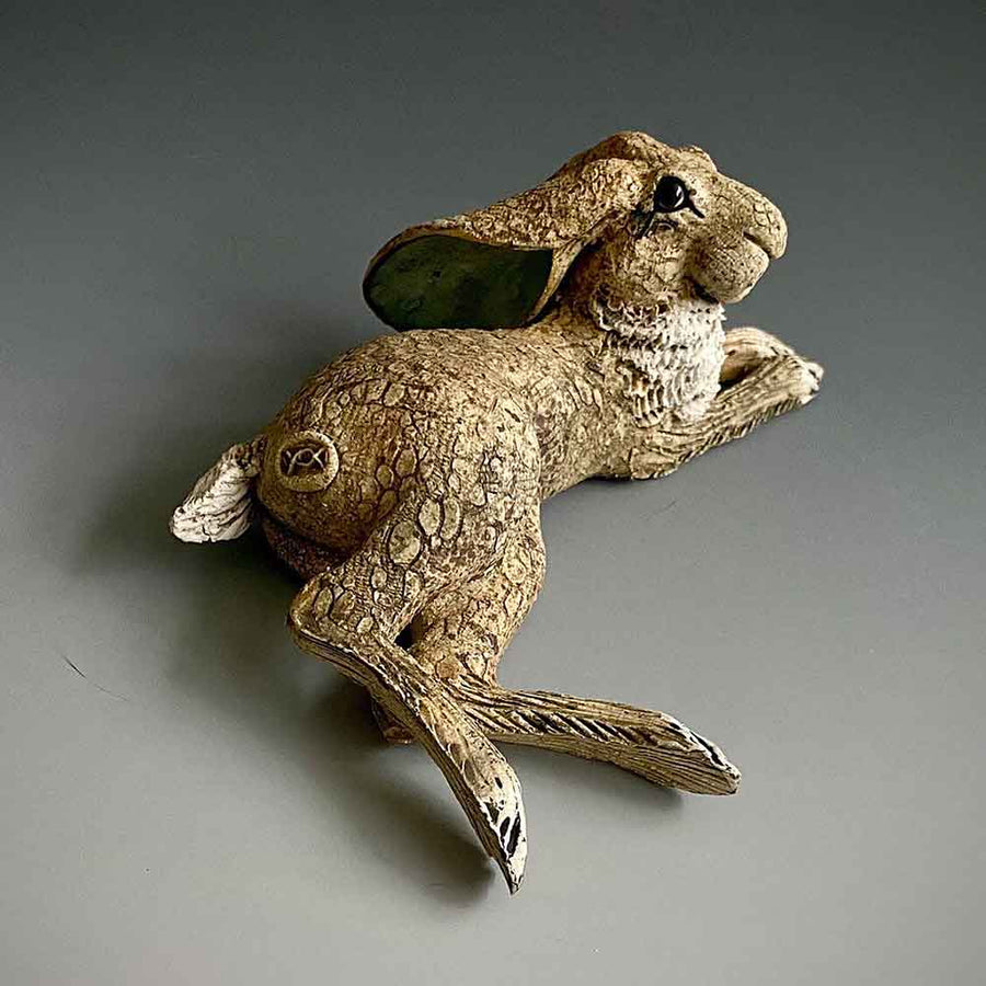 GIN DURHAM Brown Reclining Hare Ears Down Stoneware Sculpture
