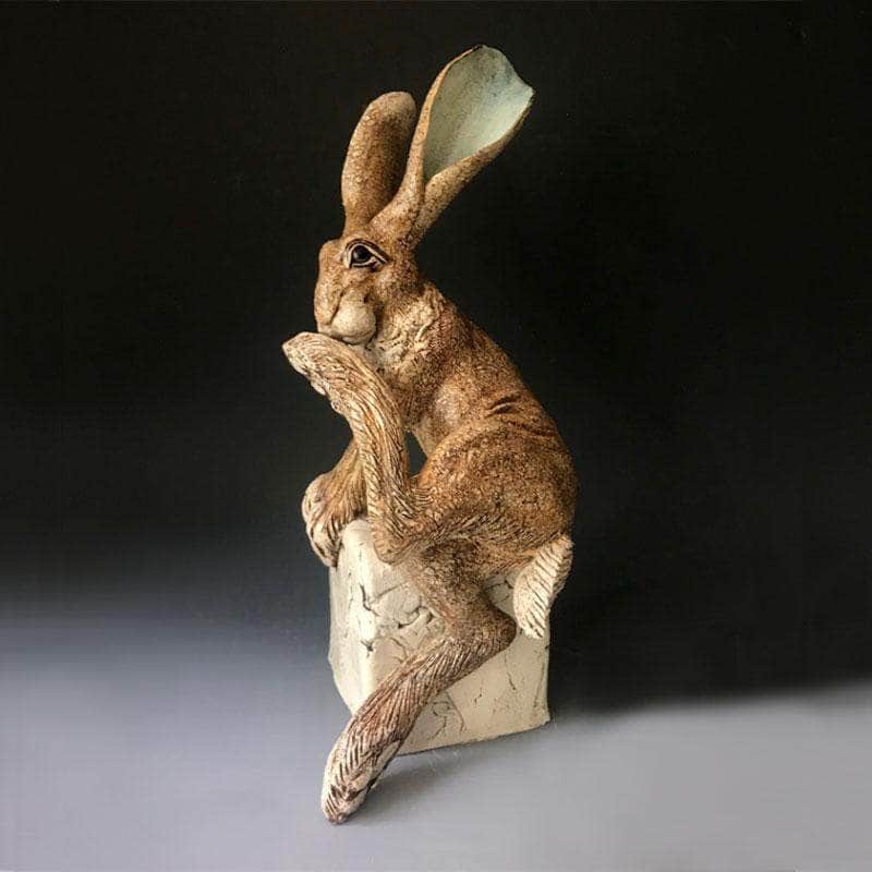 GIN DURHAM Brown Hare on a Block Grooming Stoneware Sculpture