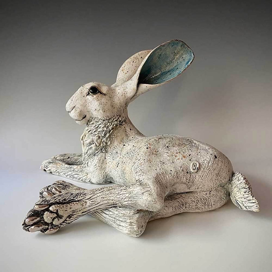 GIN DURHAM Cream Reclining Hare Ears Up Stoneware Sculpture