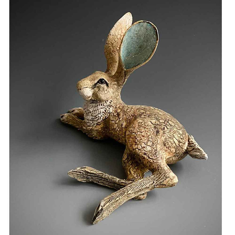 GIN DURHAM Brown Reclining Hare with Ears Up Stoneware Sculpture