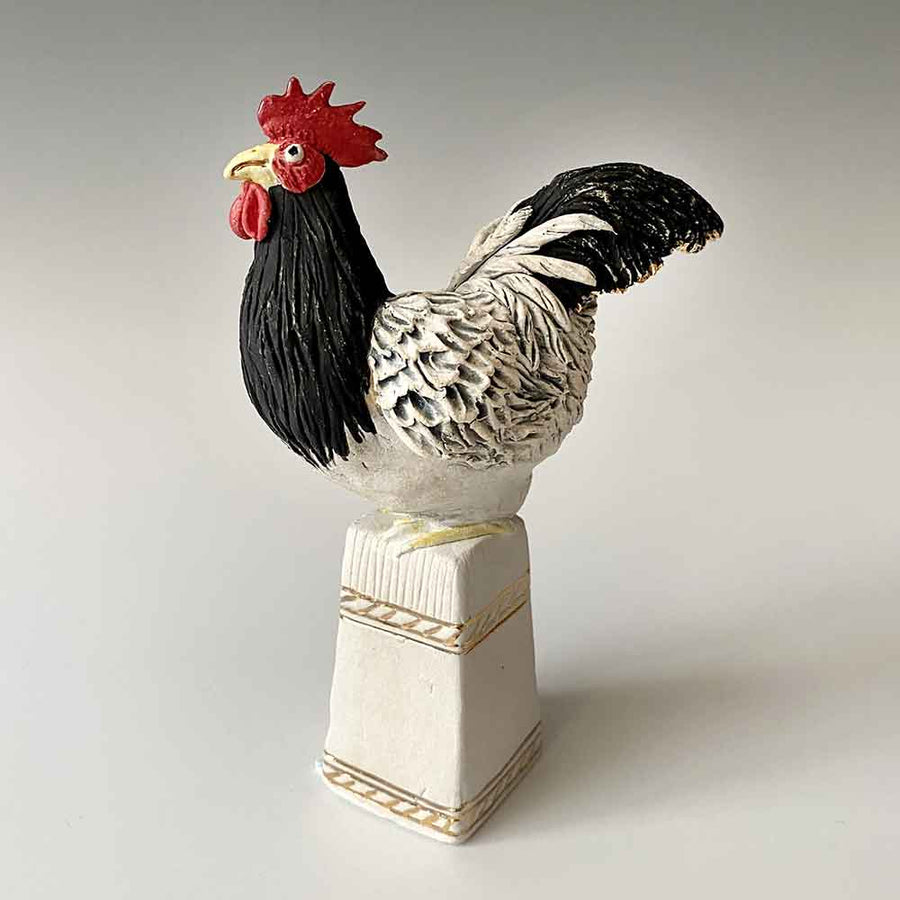 GIN DURHAM Small Cockerel Chicken on a Pedestal Sculpture (In Stock Item 155)