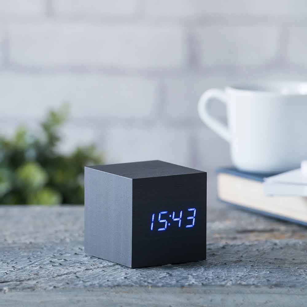 GINGKO Cube Click Clock - Rechargeable | Alarm | Sound Activated - Black with Blue Display