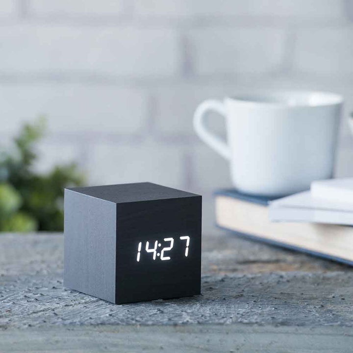 GINGKO Cube Click Clock - Rechargeable | Alarm | Sound Activated - Black with White Display