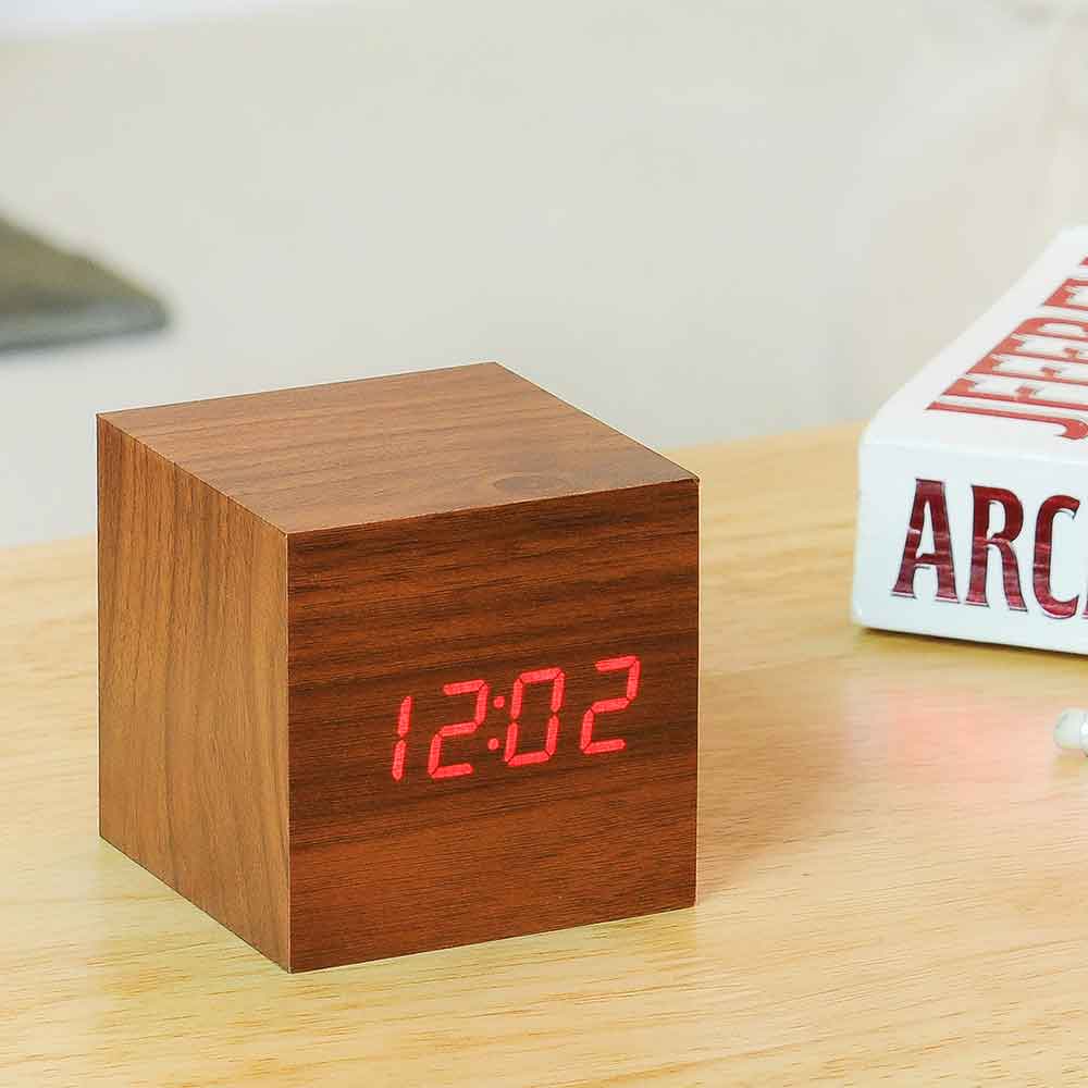 GINGKO Cube Click Clock - Rechargeable | Alarm | Sound Activated - Teak with Red Display 