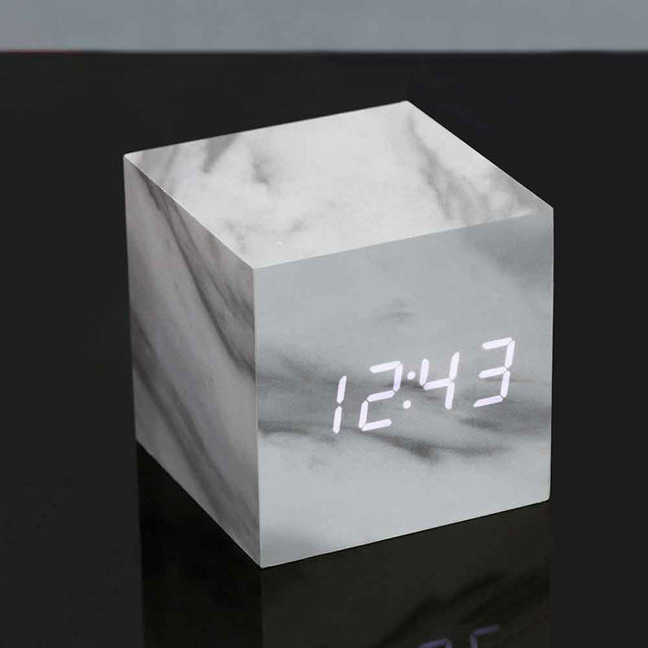 GINGKO Cube Click Clock - Rechargeable | Alarm | Sound Activated - Marble with White Display 