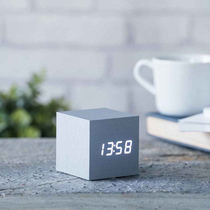 GINGKO Cube Click Clock - Rechargeable | Alarm | Sound Activated - Aluminium 