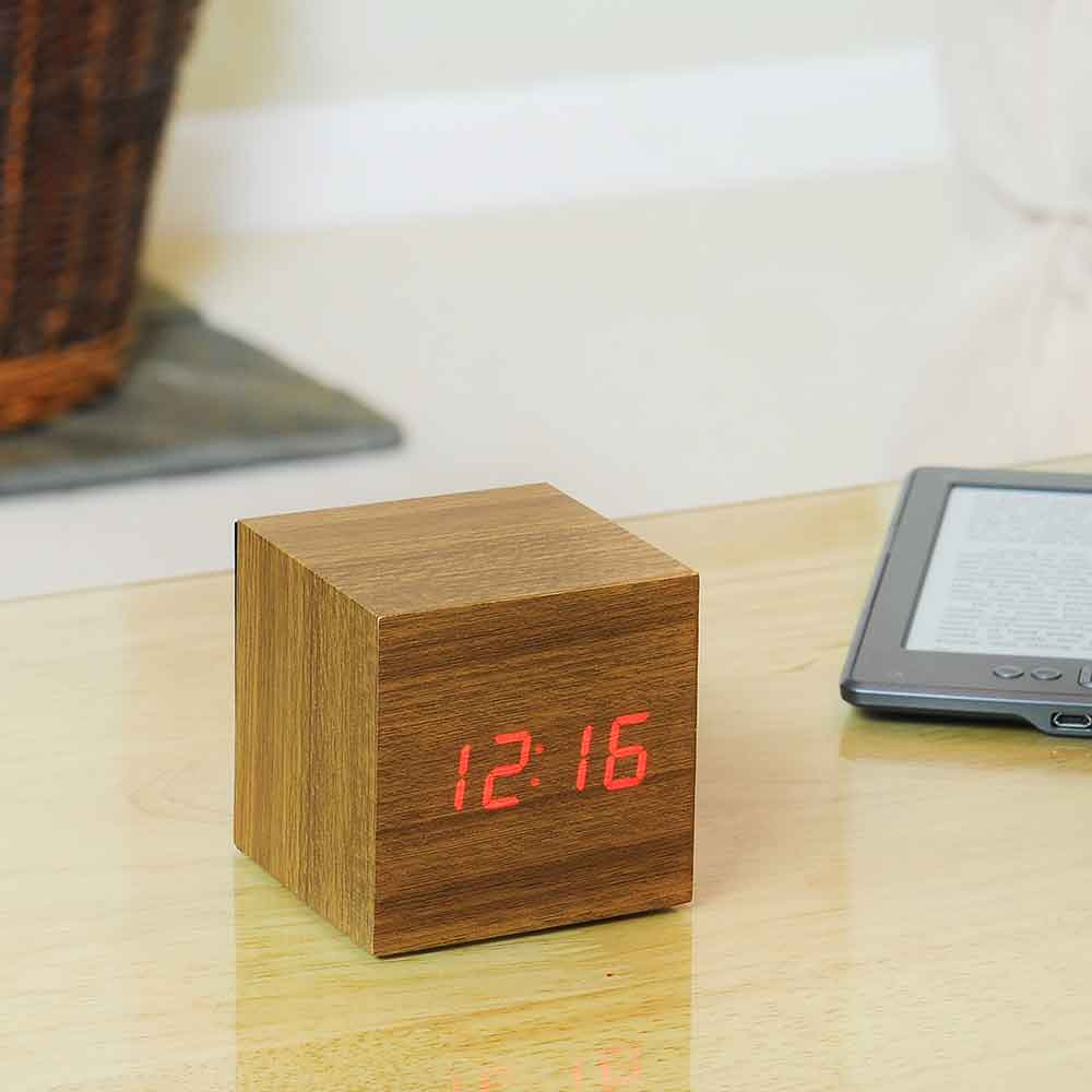GINGKO Cube Click Clock - Rechargeable | Alarm | Sound Activated - Walnut  with Red Display