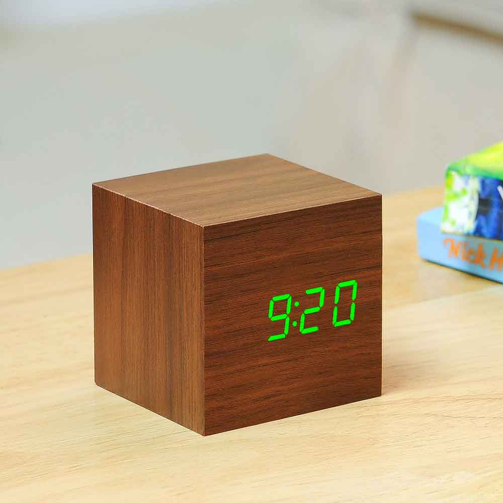 GINGKO Cube Click Clock - Rechargeable | Alarm | Sound Activated - Walnut  with Green Display