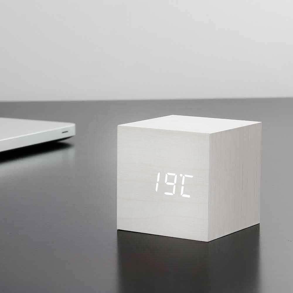 GINGKO Cube Click Clock - Rechargeable | Alarm | Sound Activated -  White with White Display