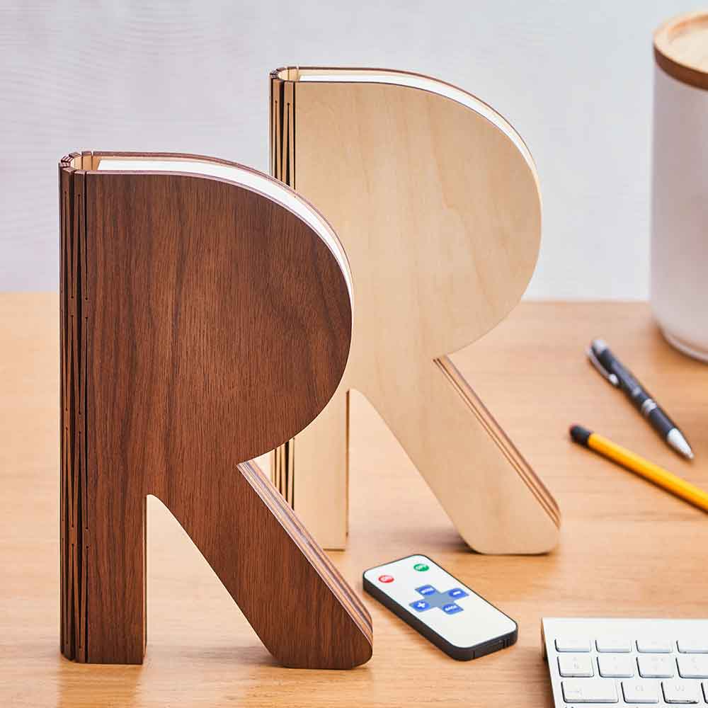 GINGKO R Space Table Lamp Light - Walnut and Maple Wood Closed on a Desk