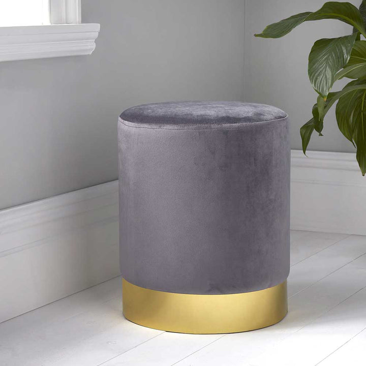Grey Round Velvet Footstool Gold Finish By Home & Lifestyle