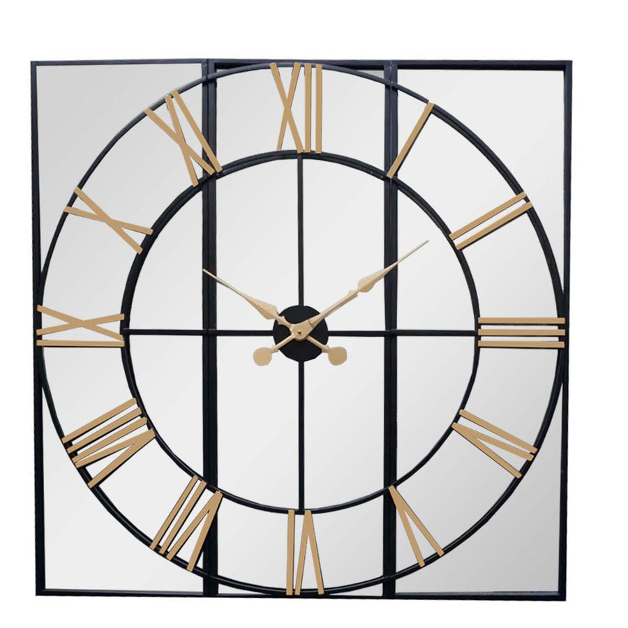 Mirrored Black and Gold Wall Clock Square by Hill Interiors