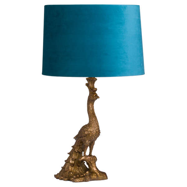 Peacock Table Lamp in Antique Gold with Teal Velvet Lampshade by Hill Interior