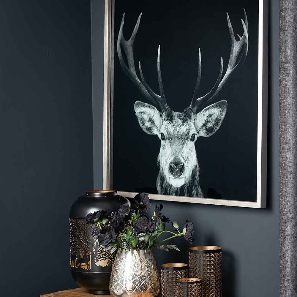 Wall Art Painting Black and White Stag on Glass by Hill Interiors