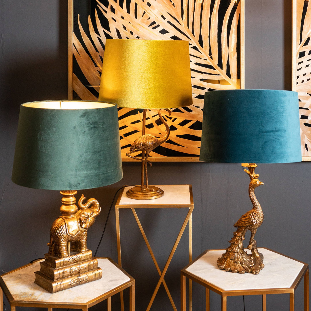 Table Lamp Peacock In Gold With Blue Velvet Lampshade by Hill Interiors