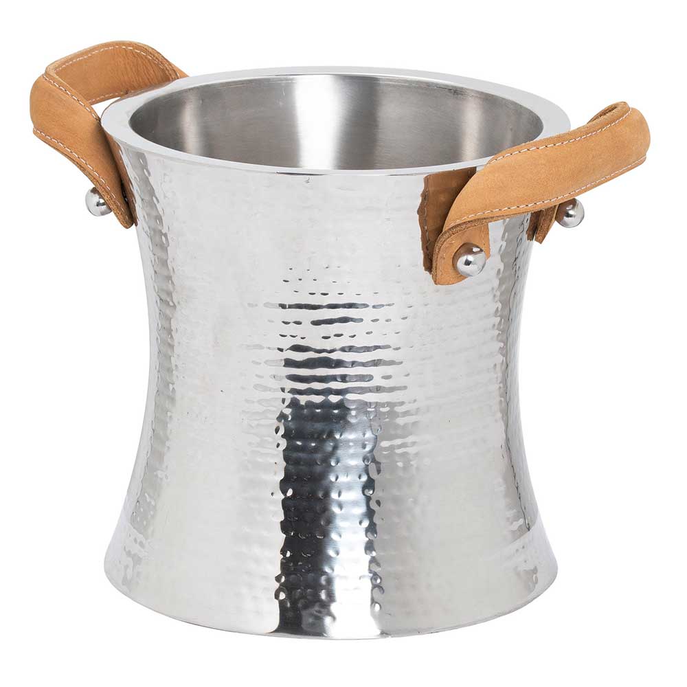 Silver Metal Ice Bucket Cooler With Leather Handles by Hill Interiors