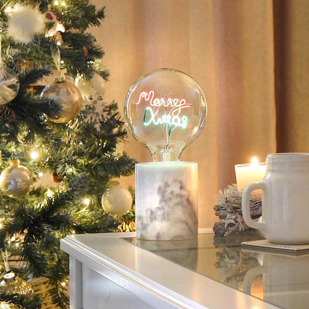 LED Word Text Filament Light Bulb White Marble Table Lamp Merry Christmas by Steepletone