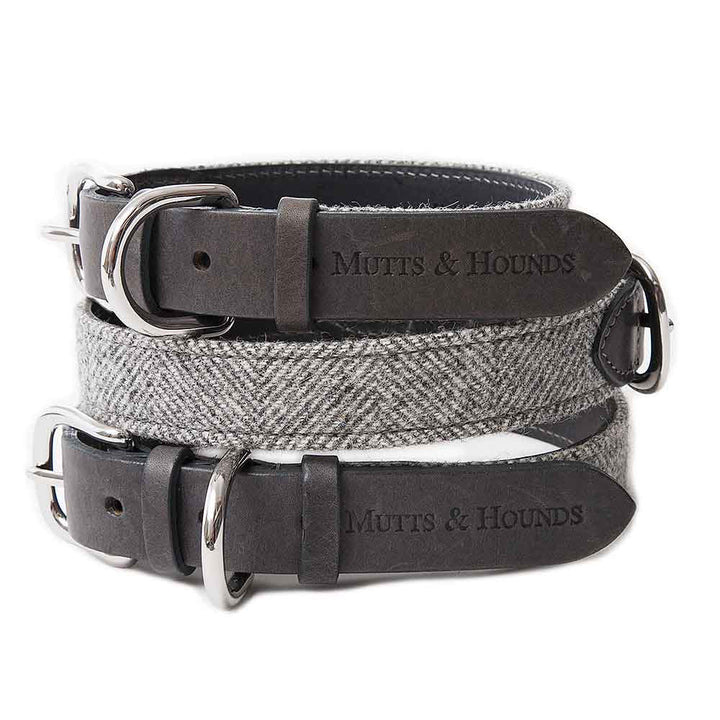 MUTTS & HOUNDS Optional Stoneham Grey Tweed and Leather Dog Collar