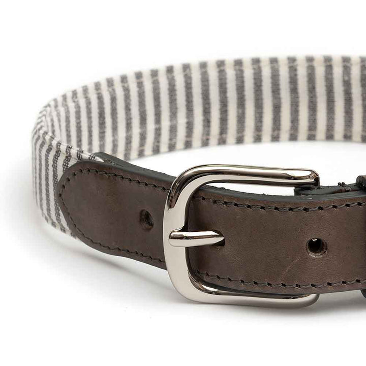 Dog Collar In Charcoal Grey Stripe Fabric and Leather by Mutts & Hounds