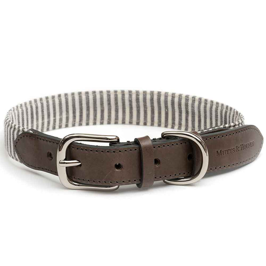 Dog Collar In Charcoal Grey Stripe Fabric and Leather by Mutts & Hounds