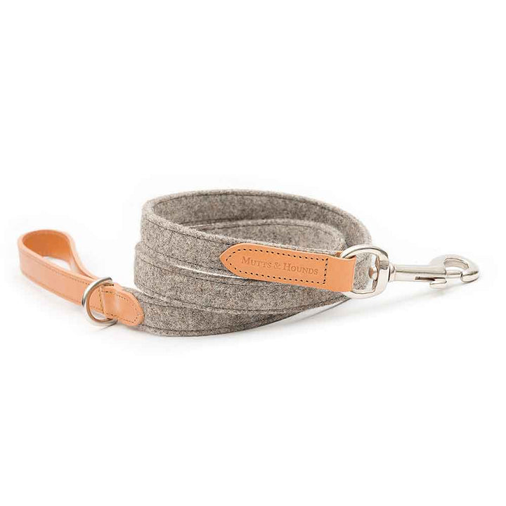 Dog Lead In Camello Tan Leather and Grey Tweed by Mutts & Hounds