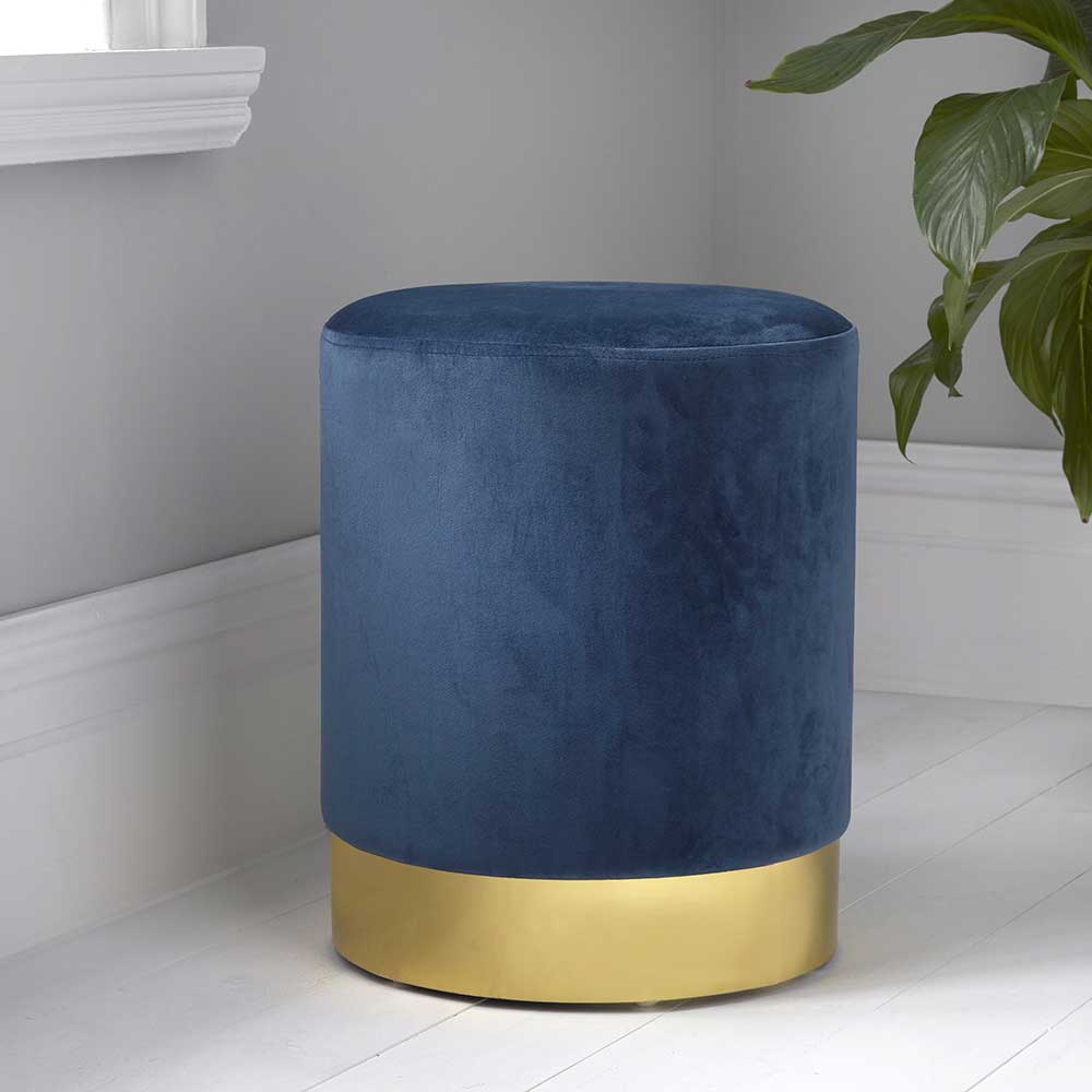 Navy Blue Round Velvet Footstool Gold Finish By Home & Lifestyle