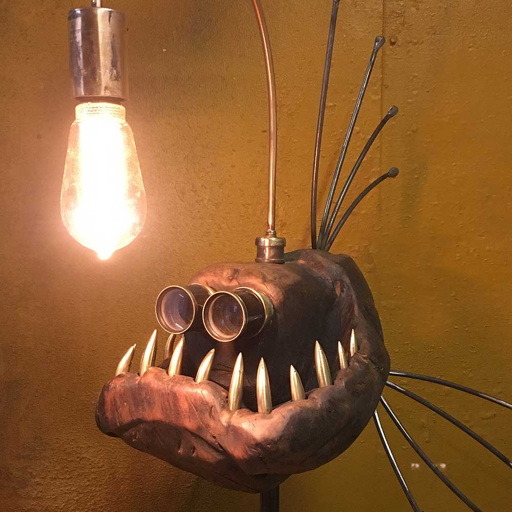 Angler Fish Lamp Rustic Metal Sculpture by Nik Burns Made to Order