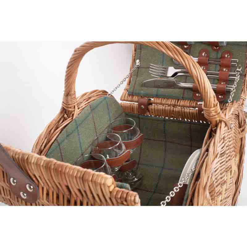 Oval Picnic Basket Hamper Fully Fitted in Green Tweed 100 by Willow
