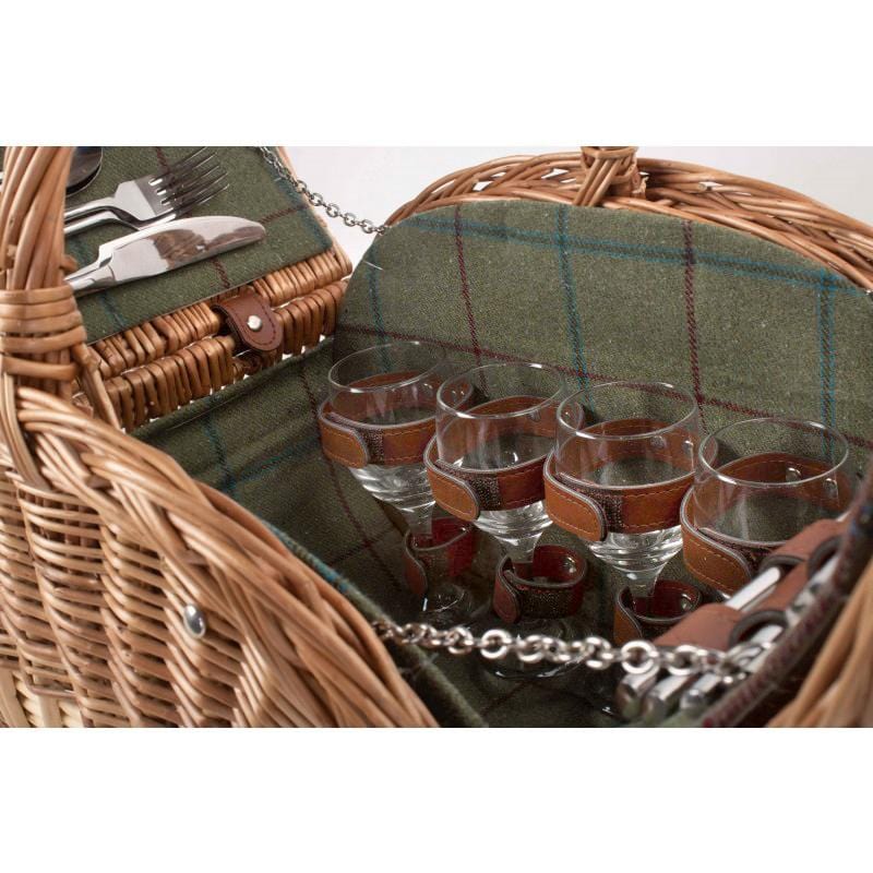 Oval Picnic Basket Hamper Fully Fitted in Green Tweed 100 by Willow