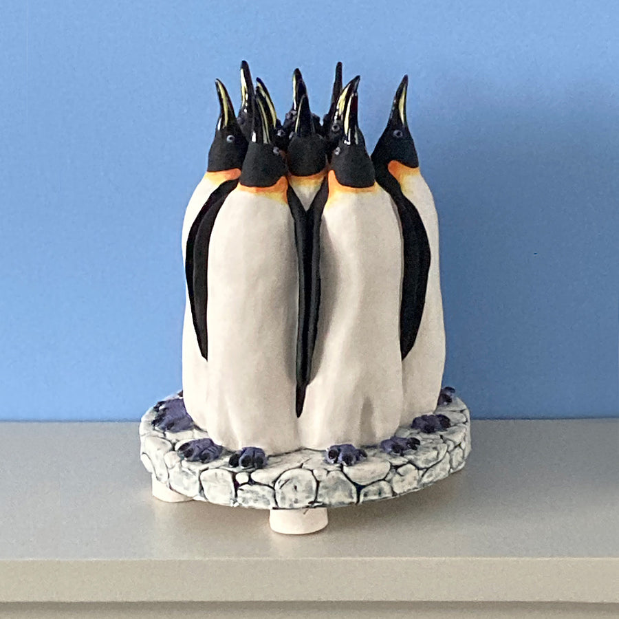 GIN DURHAM Penguins on a Glacier Stoneware Sculpture -  Made to Order