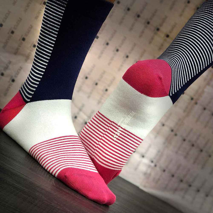PEPER HAROW Anne Stripe Women's Luxury Cotton Socks - Navy, Pink and White