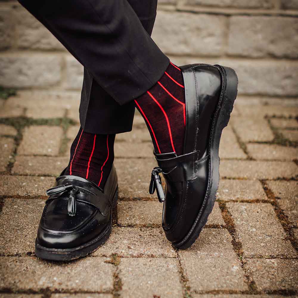 PEPER HAROW Oxford Pinstripe Men's Luxury Cotton Socks - Black and Red lifestyle
