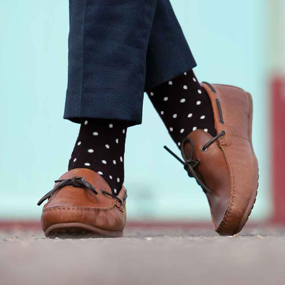 PEPER HAROW Pin Polka Dot Luxury Men's Cotton Socks - Black and White lifestyle