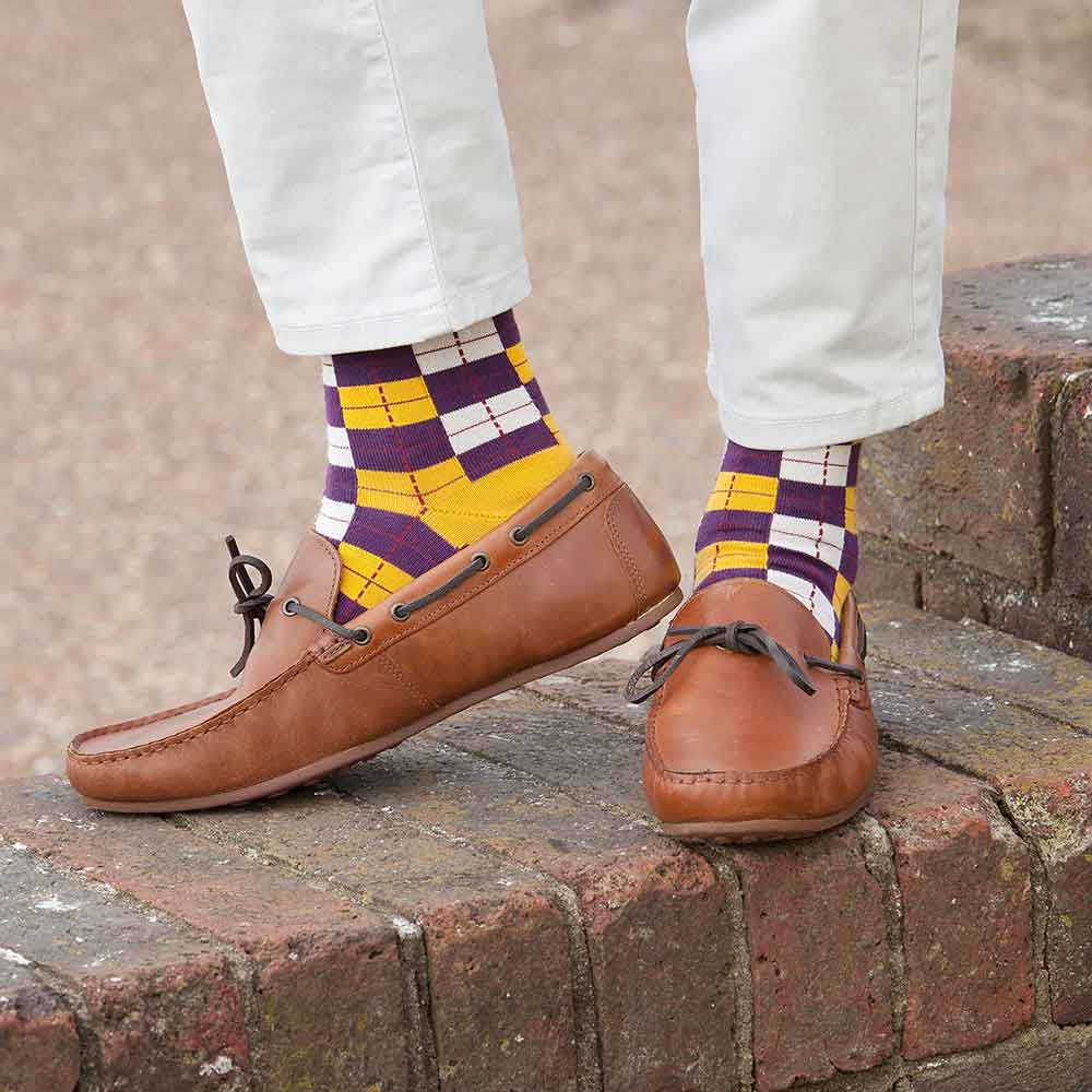 PEPER HAROW Checkmate Men's Luxury Cotton Socks - Gold Purple lifestyle