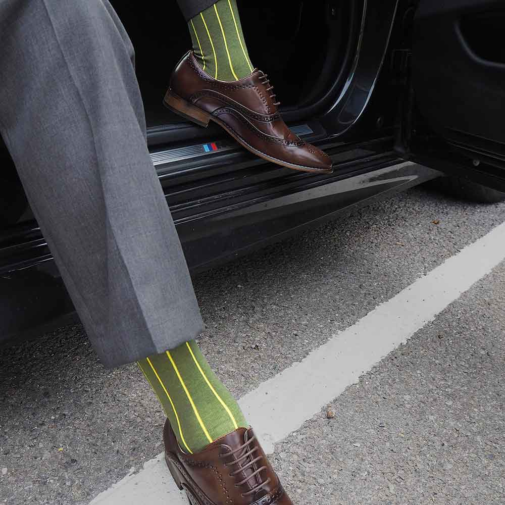 PEPER HAROW Pin Stripe Men's Luxury Cotton Socks - Green and Yellow lifestyle