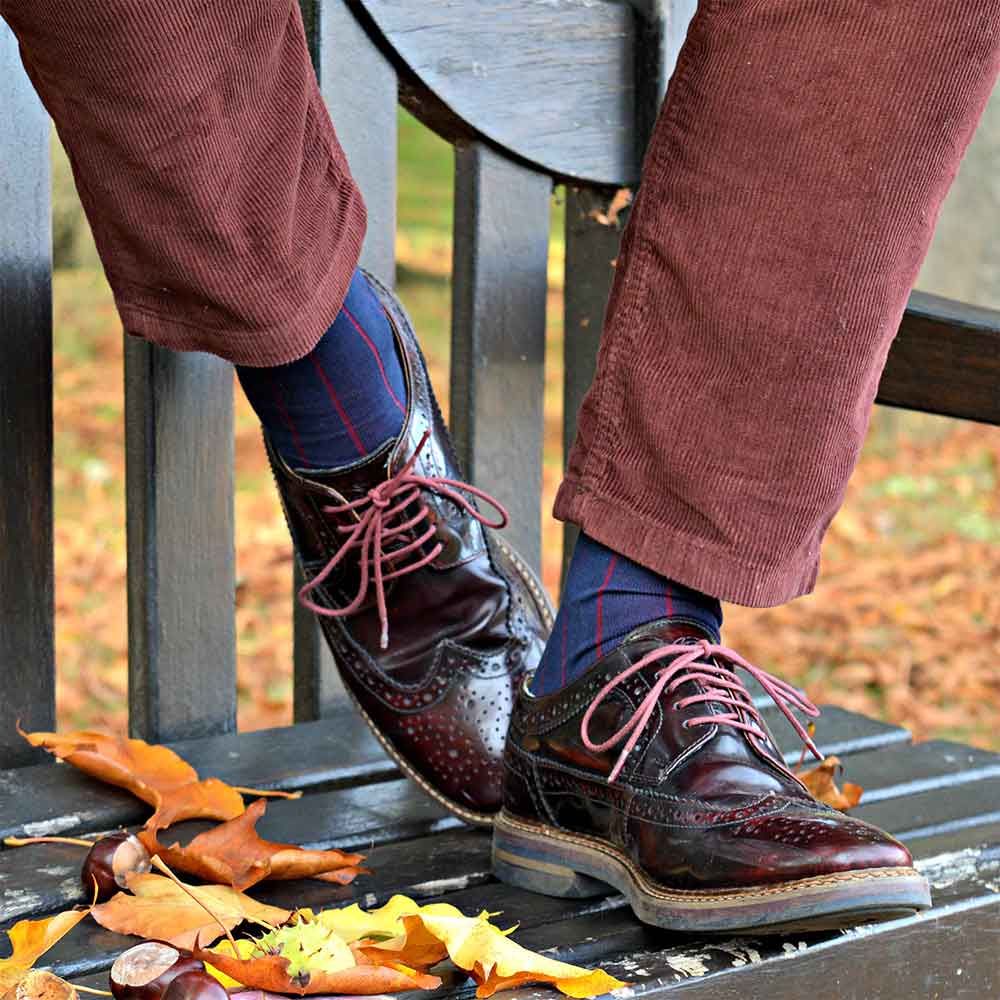 PEPER HAROW Pin Stripe Men's Luxury Cotton Socks - Navy and Burgundy lifestyle