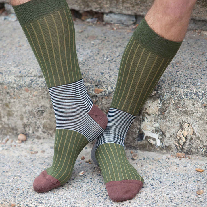 PEPER HAROW Oxford Pinstripe Men's Luxury Cotton Socks - Green & Browns lifestyle