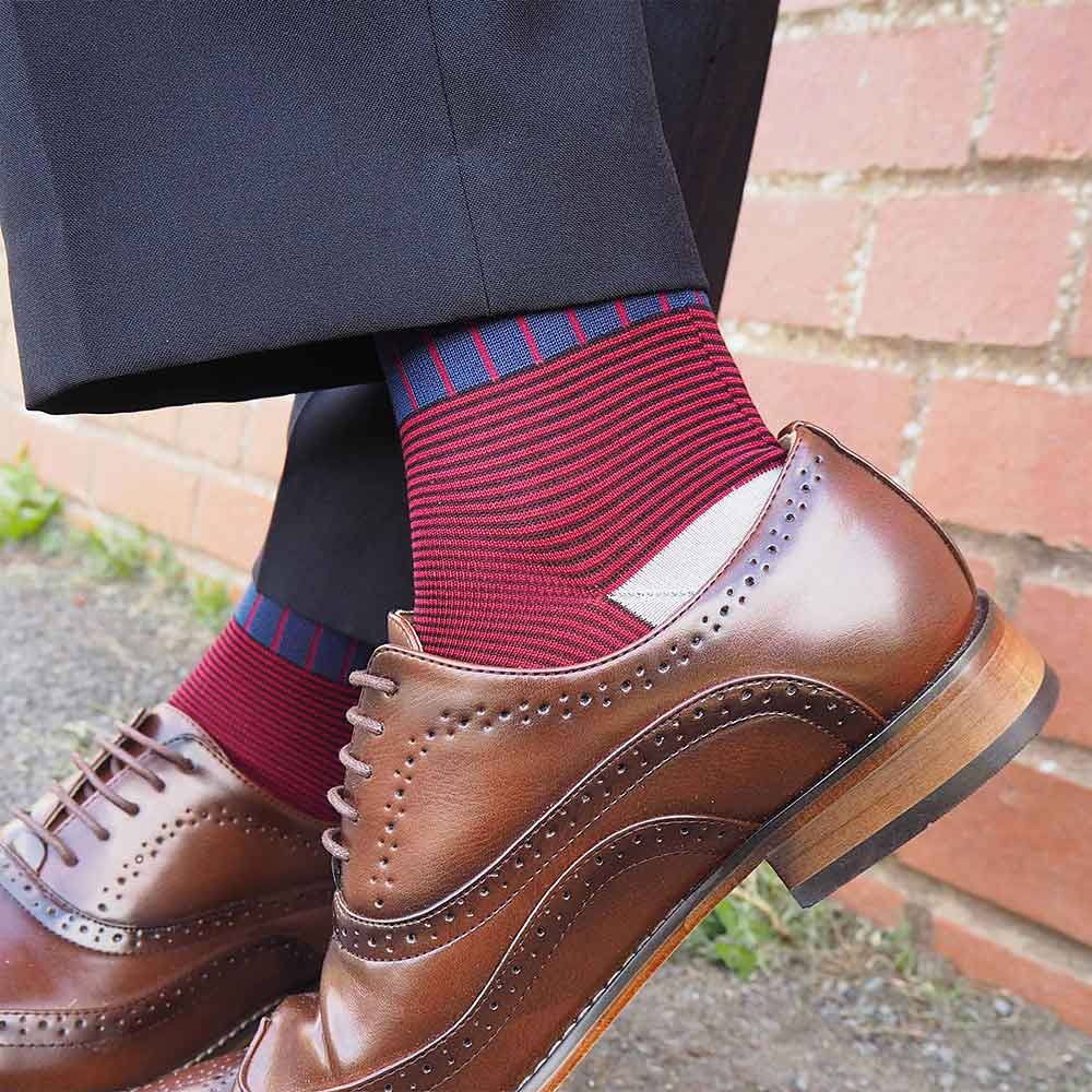 PEPER HAROW Oxford Pinstripe Men's Luxury Cotton Socks - Navy Burgundy lifestyle