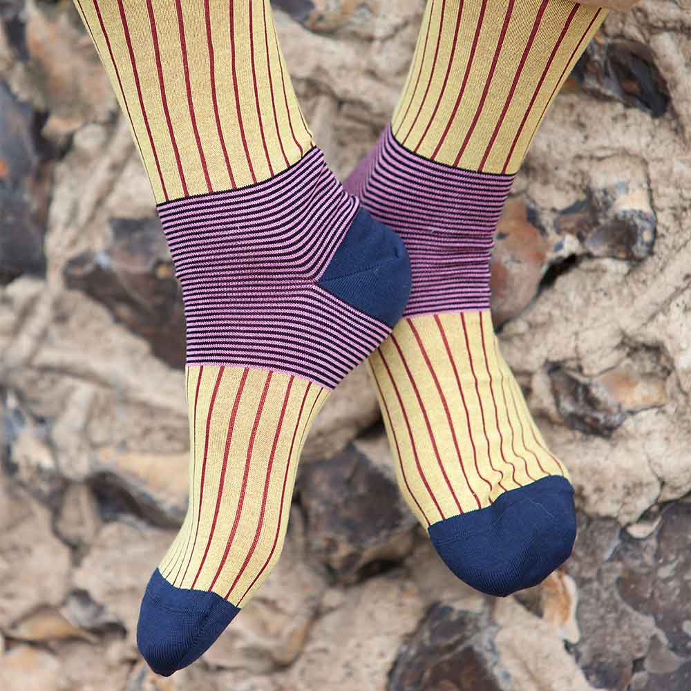 PEPER HAROW Oxford Pinstripe Men's Luxury Cotton Socks - Mustard Yellow & Purple