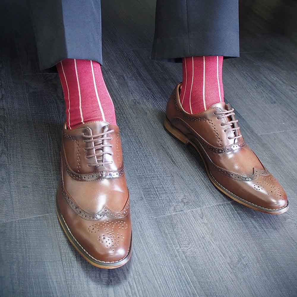 PEPER HAROW Pin Stripe Men's Luxury Cotton Socks - Crimson and Cream lifestyle
