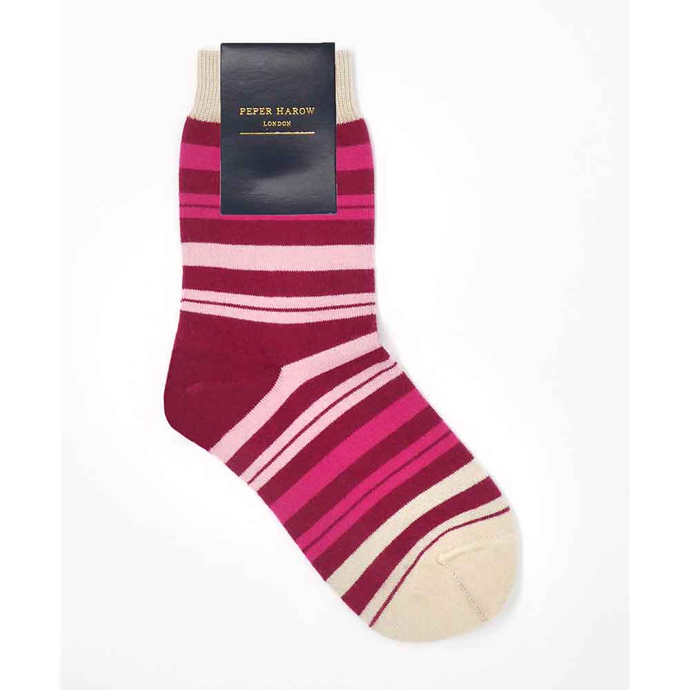 PEPER HAROW Elizabeth Stripe Women's Luxury Cotton Socks - Punch Pink, Burgundy and Cream
