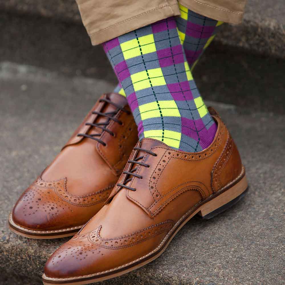 PEPER HAROW Checkmate Men's Luxury Cotton Socks - Neon Purple and Yellow Lifestyle