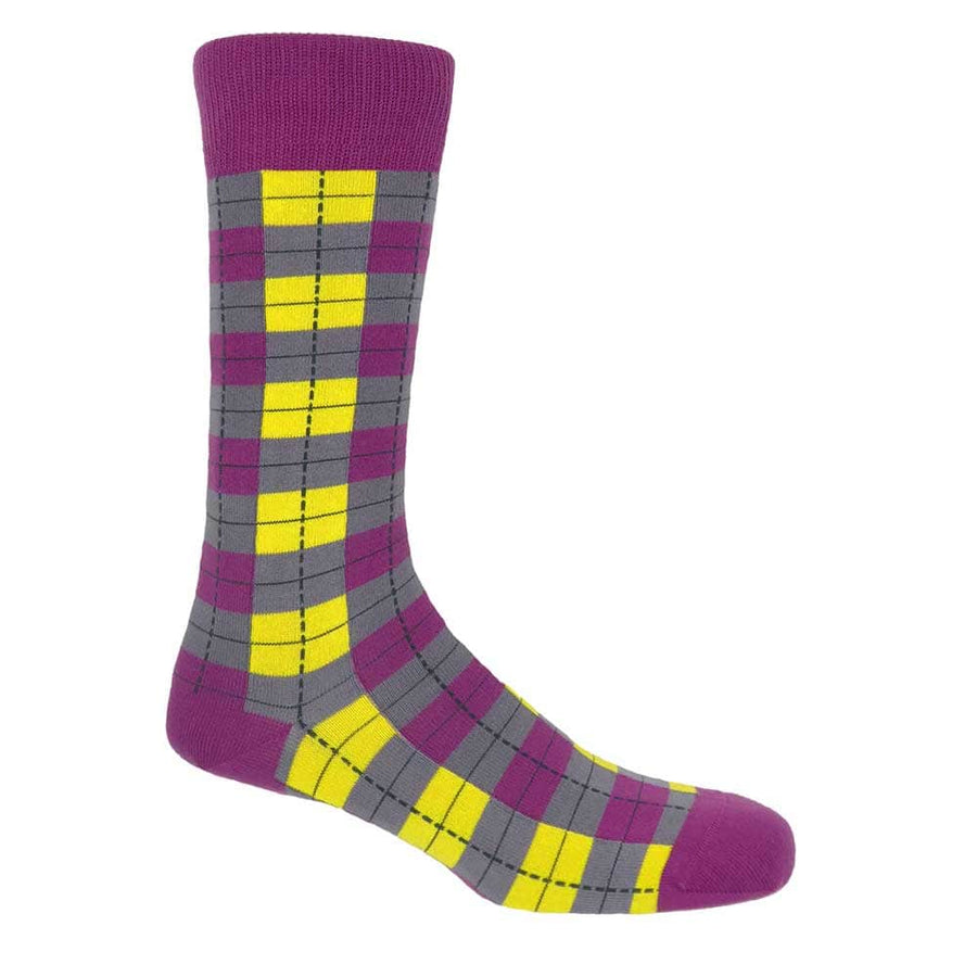 PEPER HAROW Checkmate Men's Luxury Cotton Socks - Neon Purple & Yellow