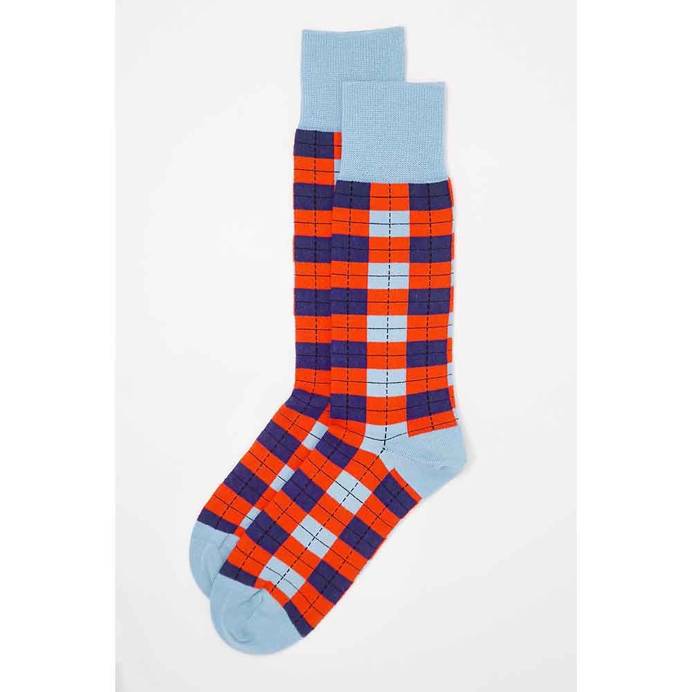PEPER HAROW Checkmate Men's Luxury Cotton Socks - Sky Blue Orange pair
