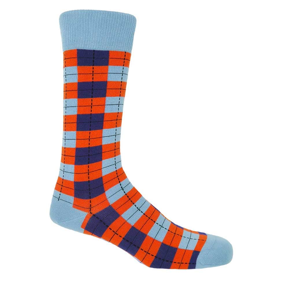 PEPER HAROW Checkmate Men's Luxury Cotton Socks - Sky Blue Orange