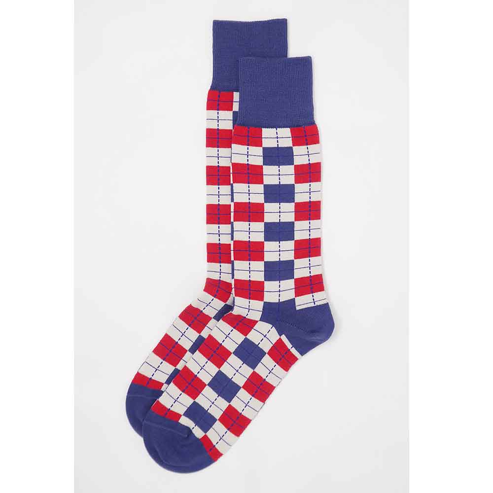 PEPER HAROW Checkmate Men's Luxury Cotton Socks - Taupe Red & Blue