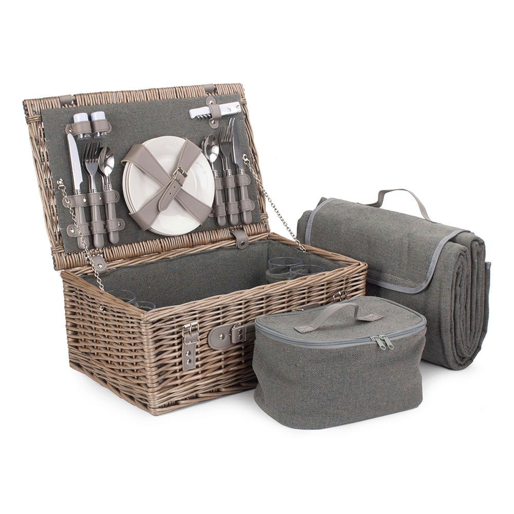 Picnic Basket Hamper Fully Fitted Four Person in Grey Tweed - 114