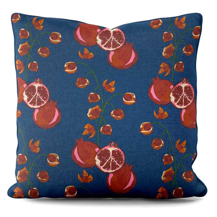 Square Cushion Blue Red Pomegranate Their Nibs by Artworld