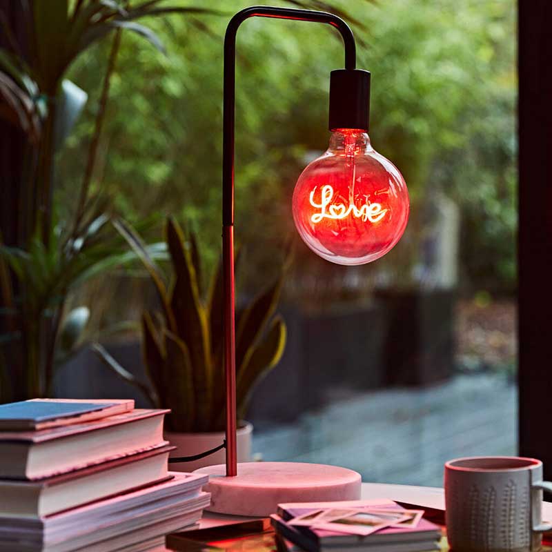 Red Love Word Filament Bulb Available in Eighteen (x18) Word Variations With a Table lamp 
