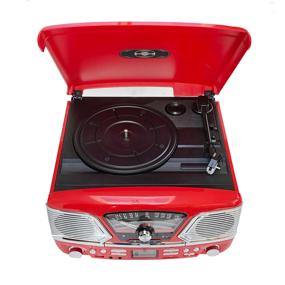Roxy 4 Vinyl Record Player Retro Music System by Steepletone - Red